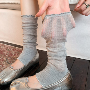 灰色花边堆堆袜子女夏薄款中筒踩脚袜套棉透气芭蕾风长筒小腿袜r