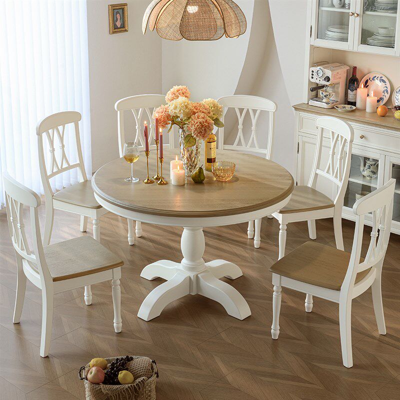 美式圆餐桌全实木家用白色餐厅家具1.3米1.5圆形桌子餐桌椅组合