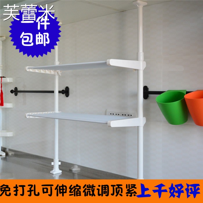 芙蕾米顶天立地式免打孔免钉厨房烤箱锅碗瓢盆调料置物 架 双层收纳 架 包邮摆件饰品床笠拉车床笠拉车