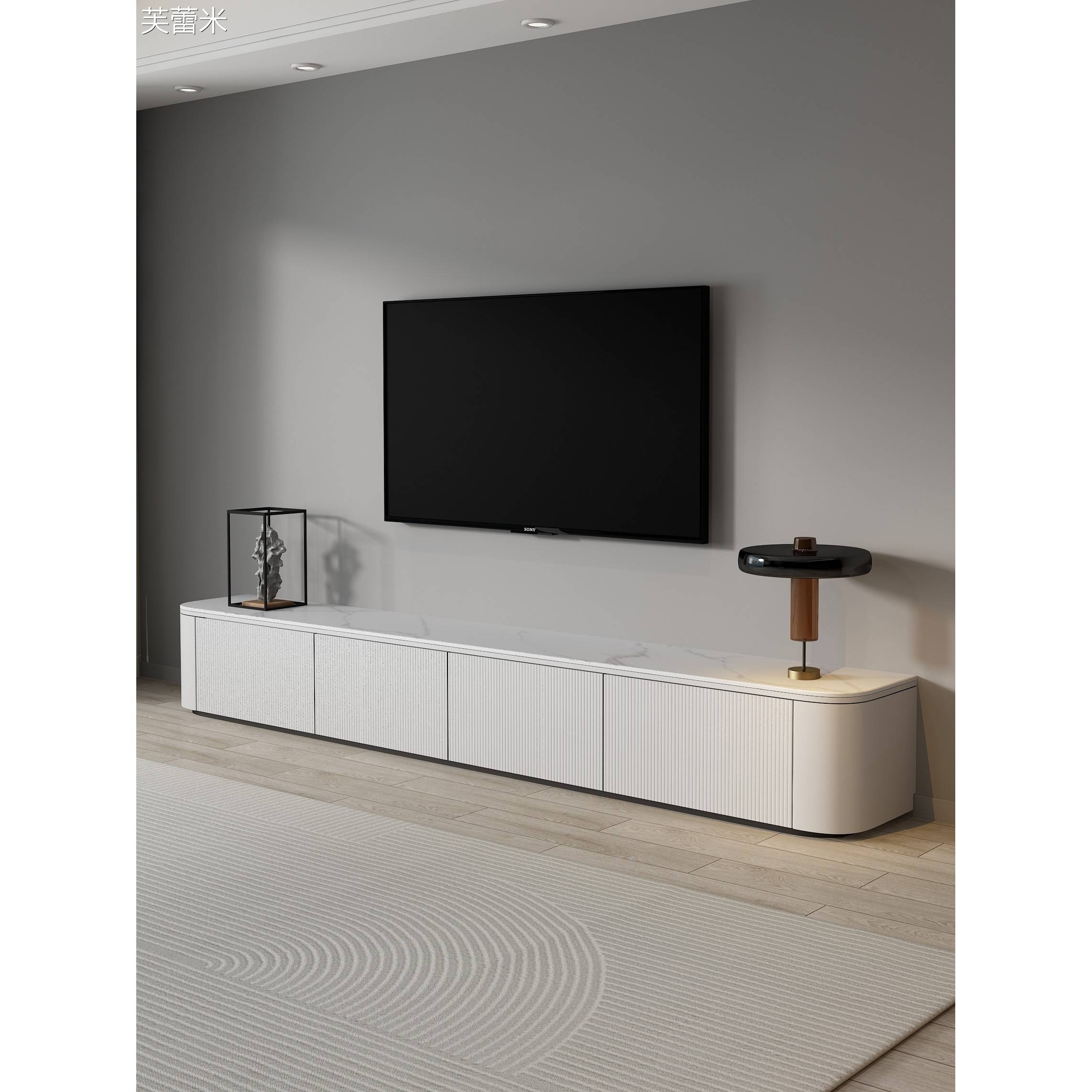 芙蕾米落地电视柜茶几组合现代简约小户型高款实木岩板白色法式电视机柜床笠拉车