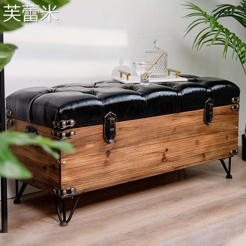 芙蕾米实木复古储物凳长方形家用换鞋凳可坐沙发皮凳试衣间长条收纳凳子床笠拉车