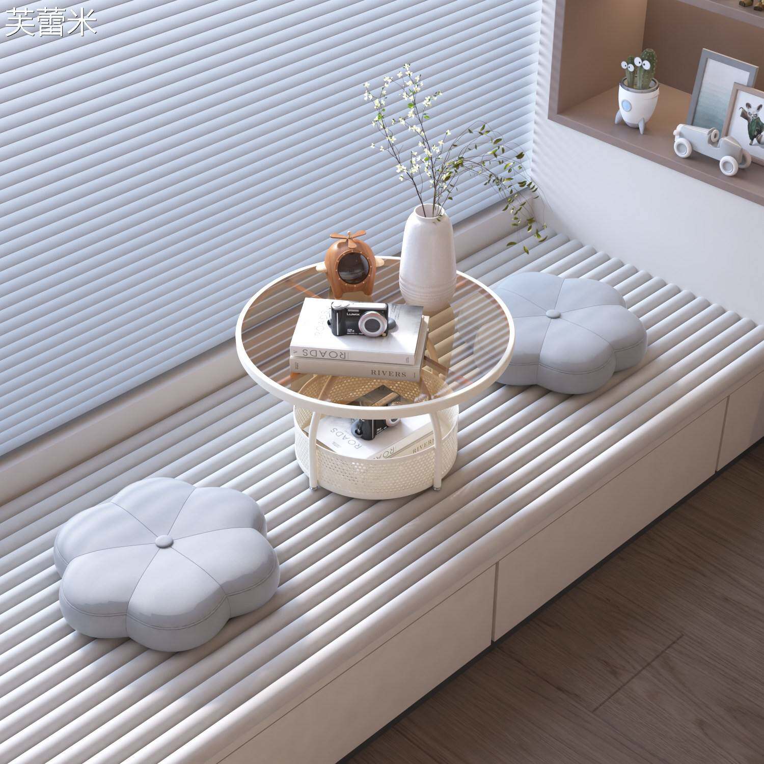 芙蕾米卧室飘窗桌子小茶几阳台矮桌坐地炕桌榻榻米网红钢化玻璃圆桌迷你床笠拉车