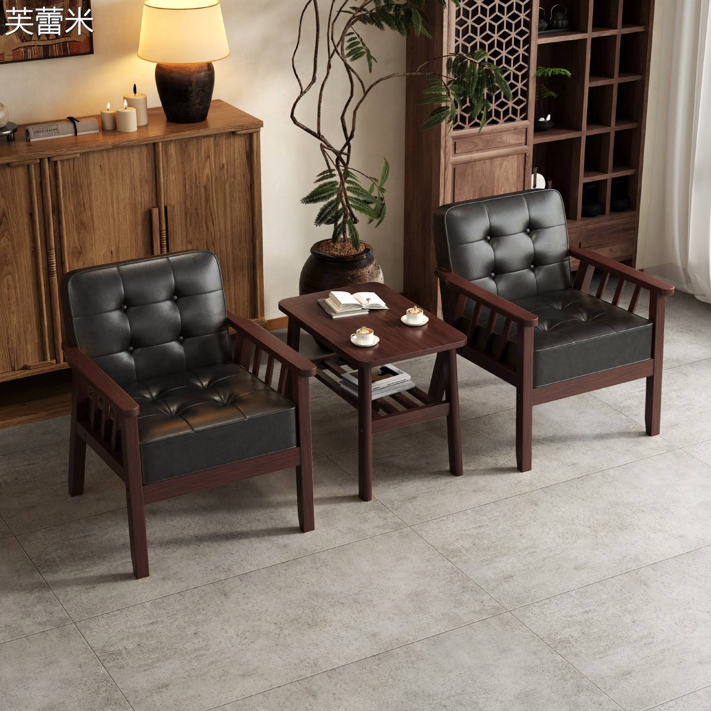 芙蕾米实木小型单人沙发椅子客厅靠背休闲 单椅阳台椅茶几组合卧室小户型床笠拉车