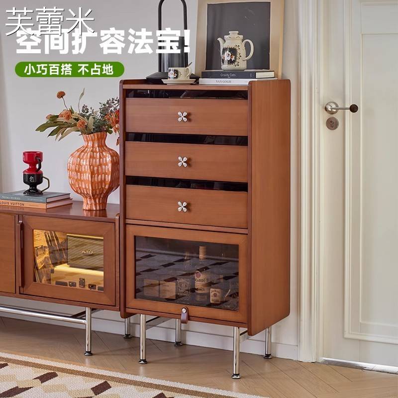 芙蕾米中古风实木立柜客厅小户型电视沙发边柜靠墙窄柜家用卧室储物斗柜床笠拉车