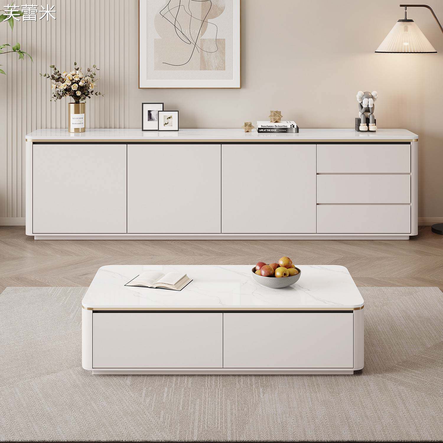 芙蕾米纯实木高款岩板落地电视柜茶几组合现代简约家用客厅轻奢高柜60cm床笠拉车