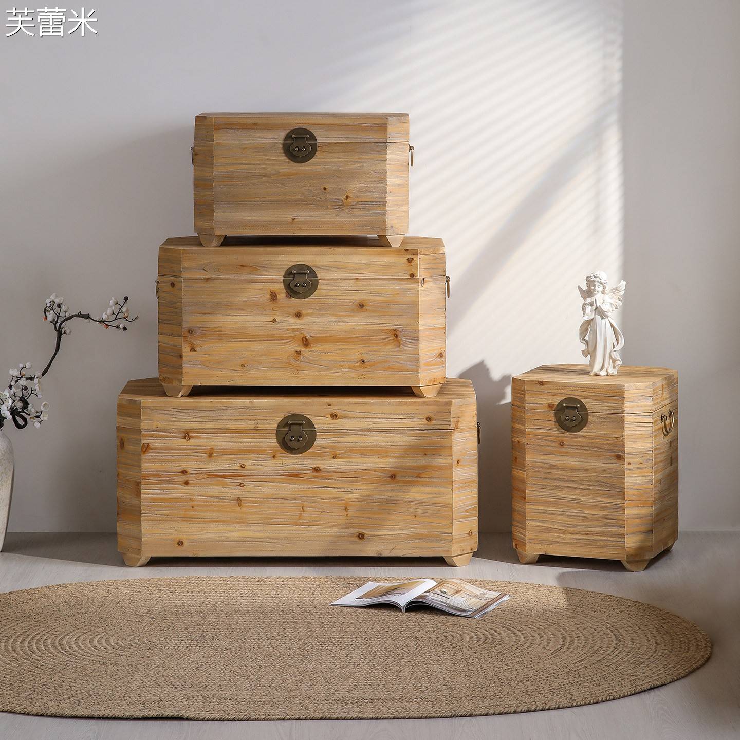 芙蕾米实木风复古木箱子实木沙发边几收纳箱名宿画展家用客厅摆放储物箱床笠拉车