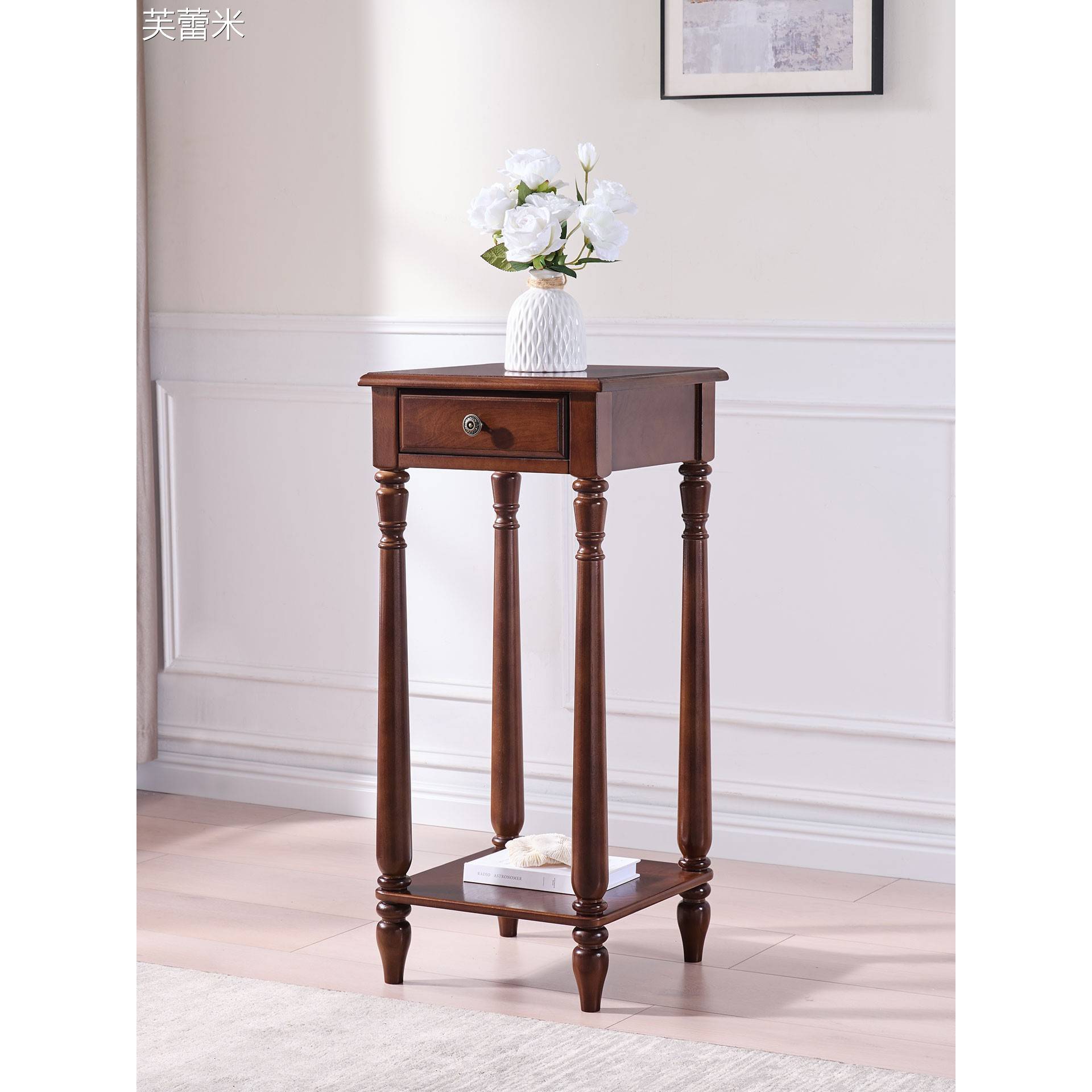 芙蕾米美式全实木花架客厅落地式置物架简约现代花盆架阳台花架子收纳柜床笠拉车