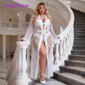 睡袍高级感纯欲风开襟浴袍新款 性感内衣蕾丝网纱透视大码 胖mm长款