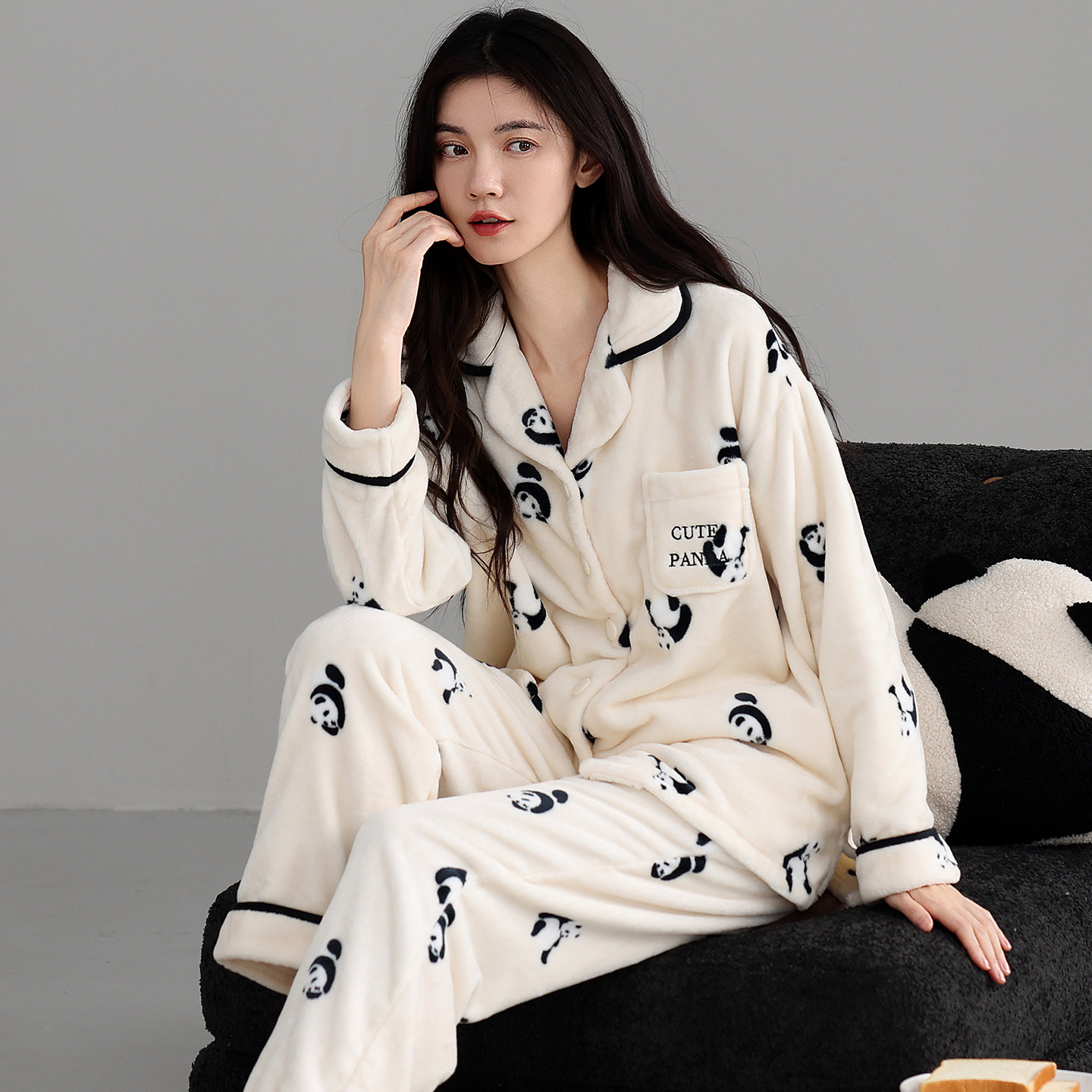 女士法兰绒睡衣开衫加厚秋冬长袖睡衣/家居服套装