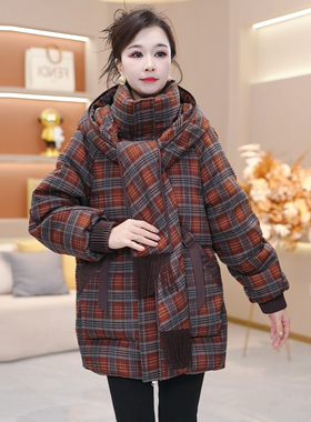 连帽格纹气质保暖时尚加厚羽绒服新款宽松2025年冬季【SJYH3901】