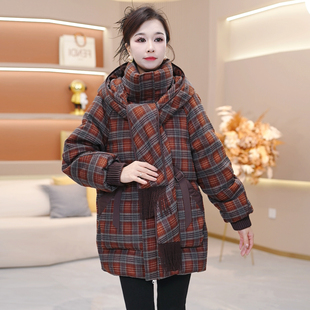 SJYH3901 宽松2025年冬季 加厚羽绒服新款 连帽格纹气质保暖时尚