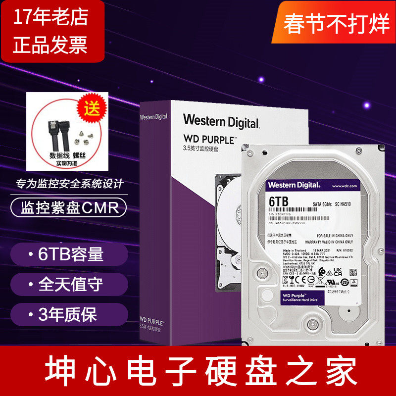 国行正品WD/西部数据WD64PURZ 紫盘6TB 监控机械硬盘垂直cmr