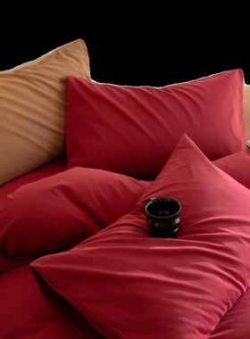 简约100支磨毛大红色四件套全棉1.5m1.L8米床上用品床单被套保暖