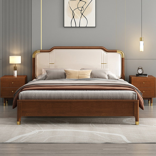 掌上明珠新中式实木床双人主卧简约现代婚床1.8胡桃色高箱储物床