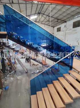 跨境货源红橡木钢木楼梯踏步蓝色钢化玻璃楼梯扶手室内家装钢结构