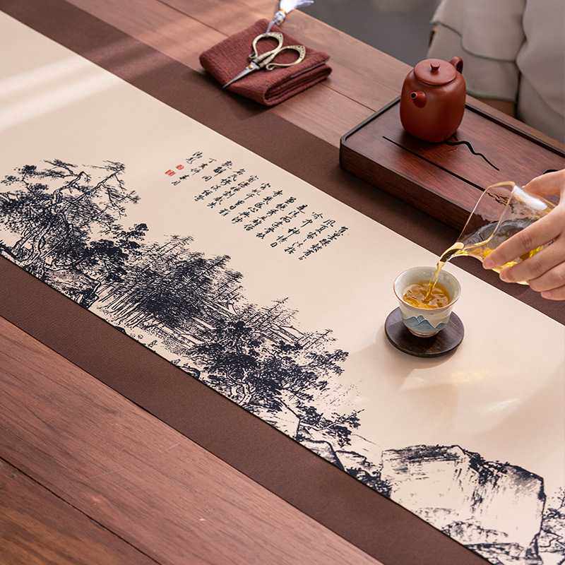 国风美景真丝茶席中式禅意桌旗茶布垫防水布艺茶具垫子高端茶礼