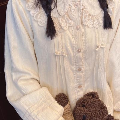 甜美可爱风加绒加厚蕾丝花边娃娃领蝴蝶结衬衫女lolita内搭上衣