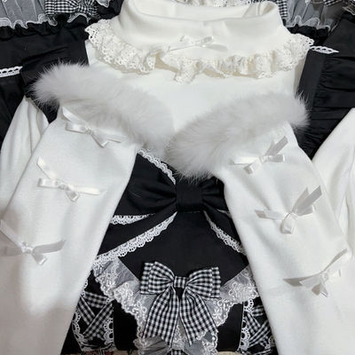 软糯德绒lolita高领打底衫女蕾丝花边蝴蝶结内搭上衣加绒加厚秋冬