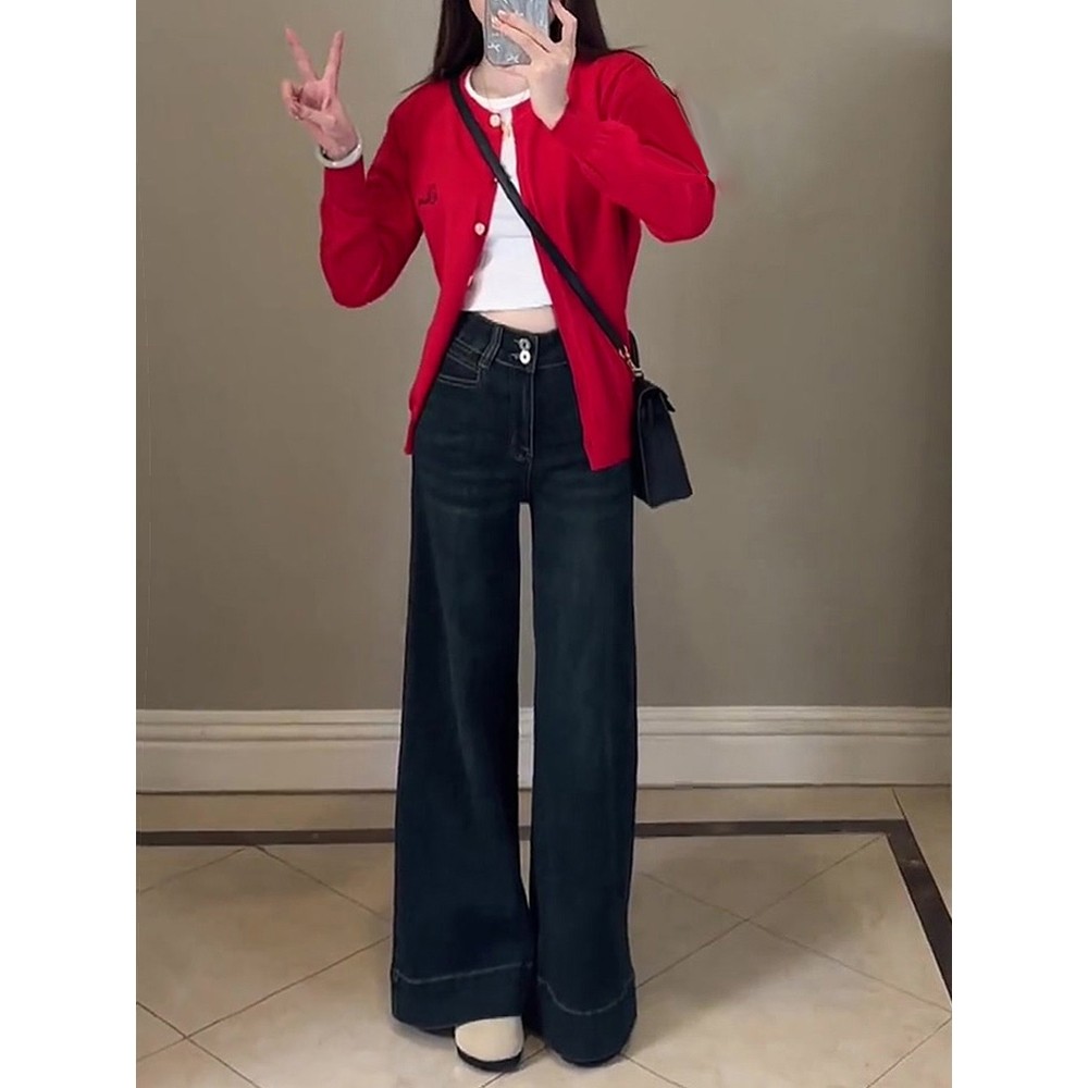 深蓝色微喇叭阔腿牛仔裤女春秋2024新款小个子高腰垂感拖地直筒裤