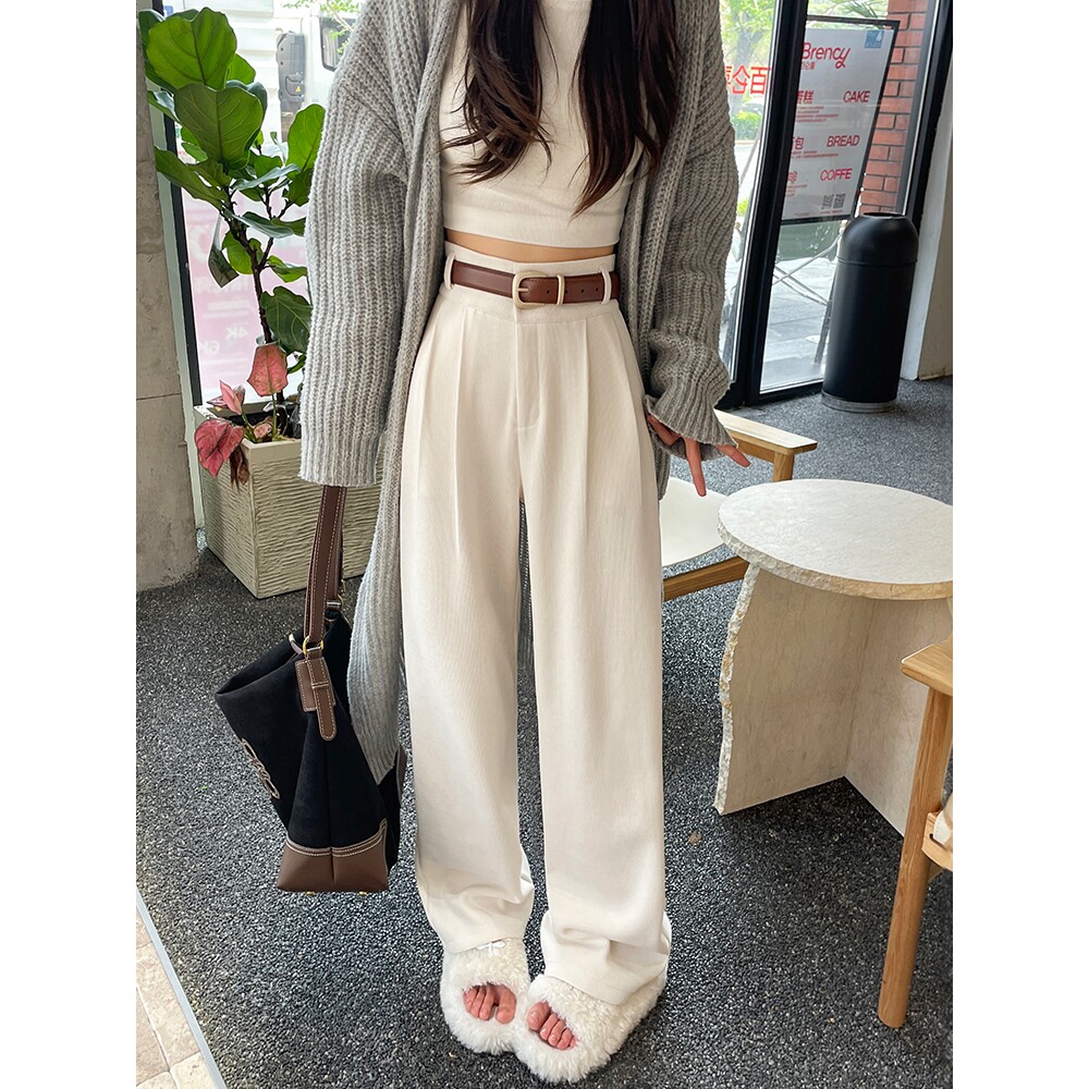 欧棉绒阔腿裤女2025新款春秋款高级感垂感白色裤子高腰直筒西装裤