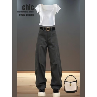 小个子工装牛仔裤女款2024新款春秋胖mm显瘦大码直筒高腰阔腿裤子