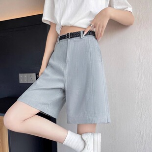 天丝亚麻五分西装裤女夏季薄款大码高腰遮胯显瘦a字阔腿棉麻短裤