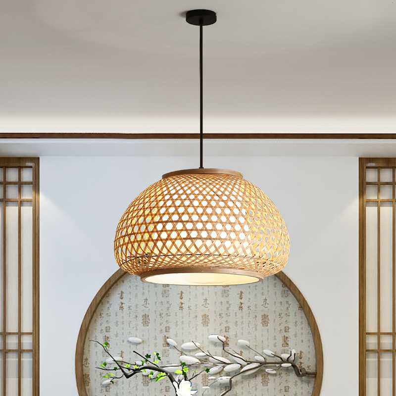 现代民宿竹编吊灯竹艺灯具中式餐厅吧台竹本色灯饰茶室藤编小吊灯