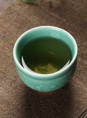 影雕青瓷荷韵主人杯家用陶瓷茶杯龙凤老梅子青釉下茶具单杯品茗杯