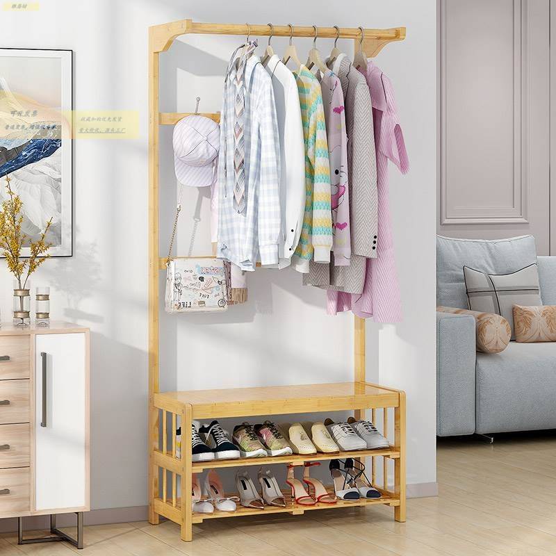 衣帽架落地卧室挂衣架鞋架组合简易家用换鞋凳客厅衣服架实木
