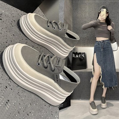 厚底松糕鞋女2025新款秋季配阔腿裤一鞋两穿懒人鞋内增.高小白鞋