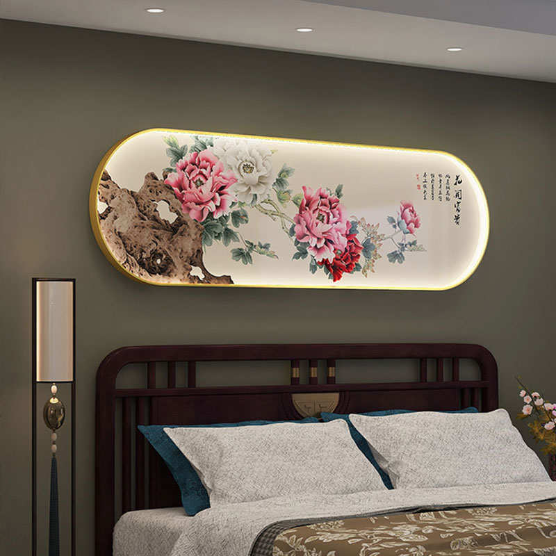 花开富贵新中式卧室牀头r装饰画带灯长辈房间背景墙牡丹花客厅挂