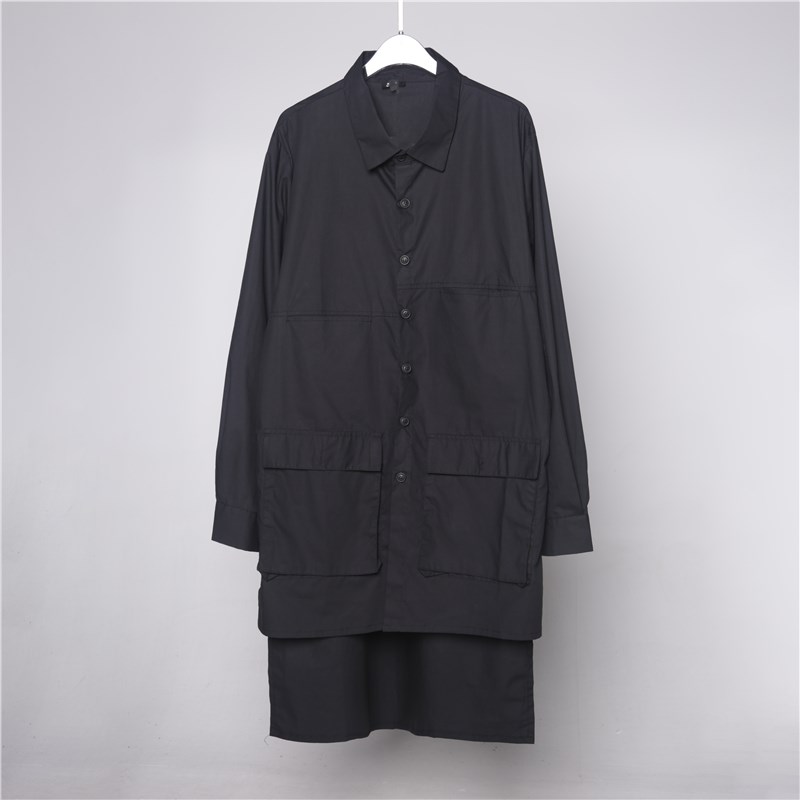 日系文艺暗黑系印花中长q款衬衫男韩版清新休闲工装长袖衬衣情侣