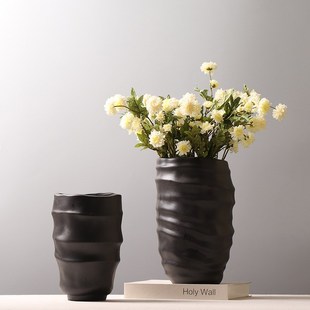 现代简约陶瓷蚕茧花瓶黑白色x宽口径插花花器样板房装饰品摆件磨