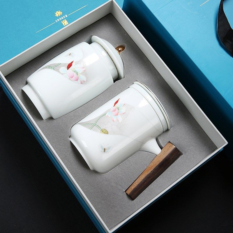 陶瓷办公杯茶杯高白瓷茶水分离杯公司礼品套装可加Ylogo刻字