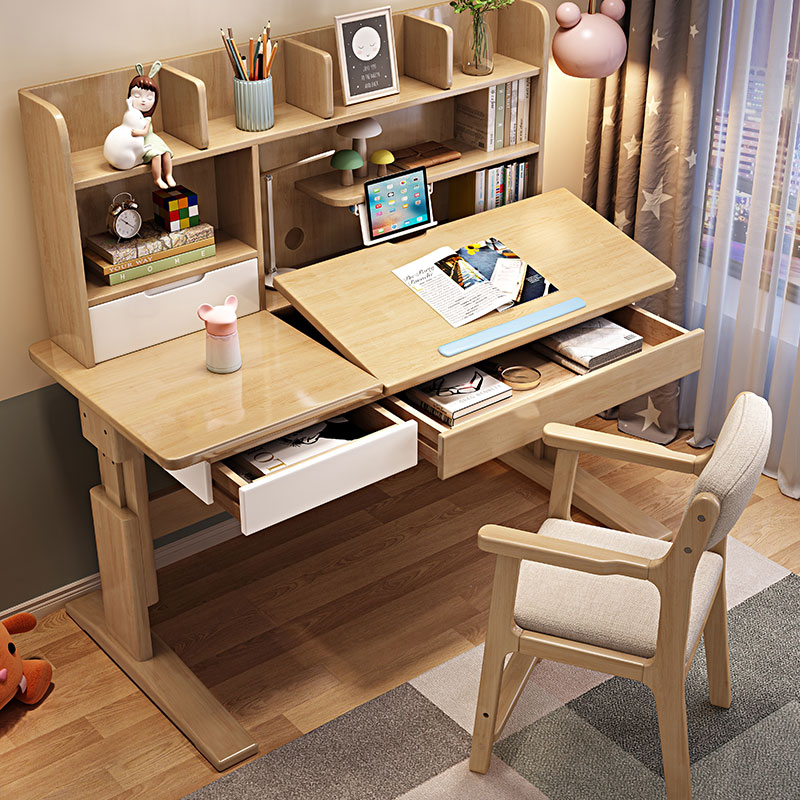 实木书桌书架一体桌儿童学习桌简约卧室手摇升降写字台家用写字桌