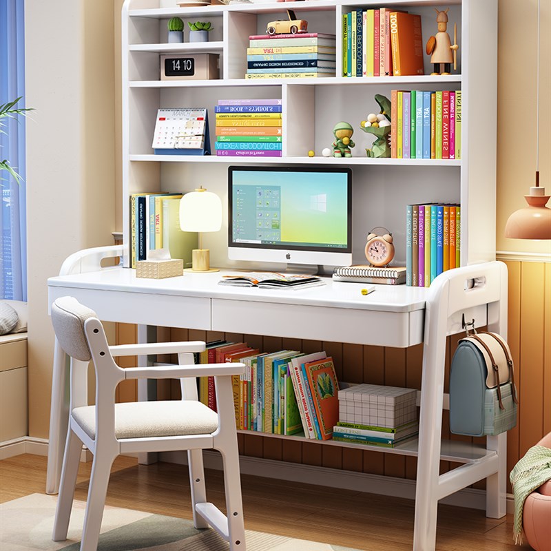 学生实木书桌家用儿童学习桌卧室写字桌书架一体小户型现代电脑桌