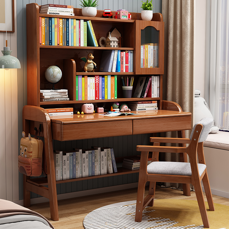 实木中小学生写字桌简约多功能可升降书桌书架一体家用置物学习桌