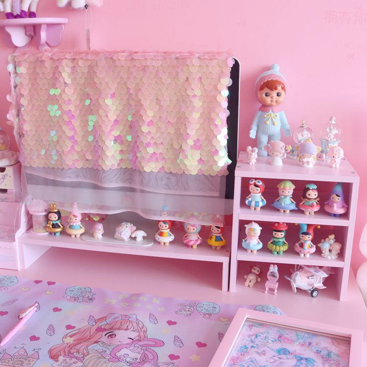 粉色少女心笔记本电脑显示器屏幕增高架子木质办公桌面收纳置物架