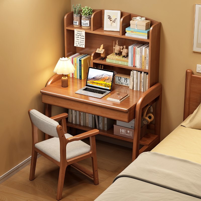 小户型书桌书架一体卧室床头写字桌简约家用办公桌实木儿童学习桌