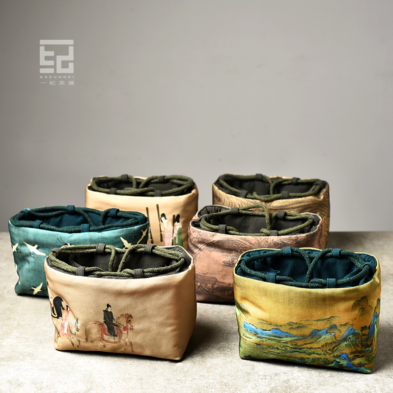 一纪日式手工加厚棉麻茶具收纳包便捷旅行包古画布袋茶壶茶杯布包