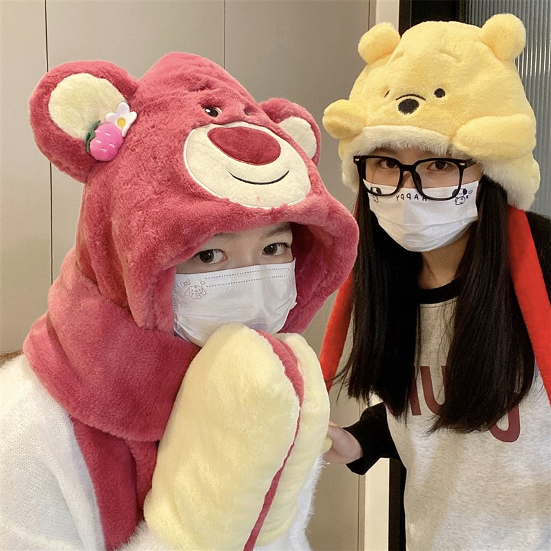 帽子女秋冬手套围脖一体连帽2023新款毛绒加厚围巾三件套冬天可爱