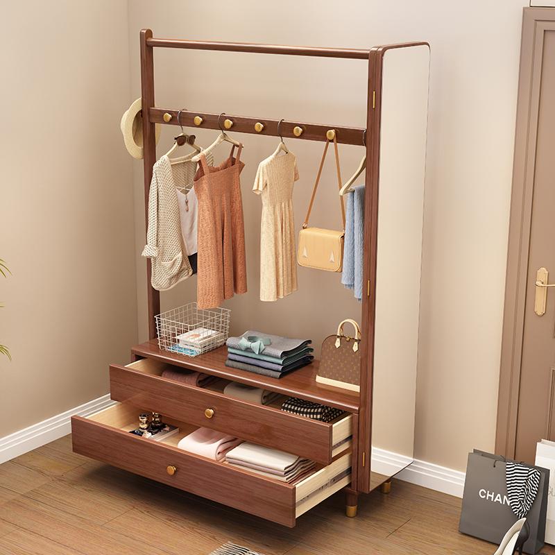 带镜子一体落地实木衣帽架家用多功能客厅挂衣架卧室简约换衣架子