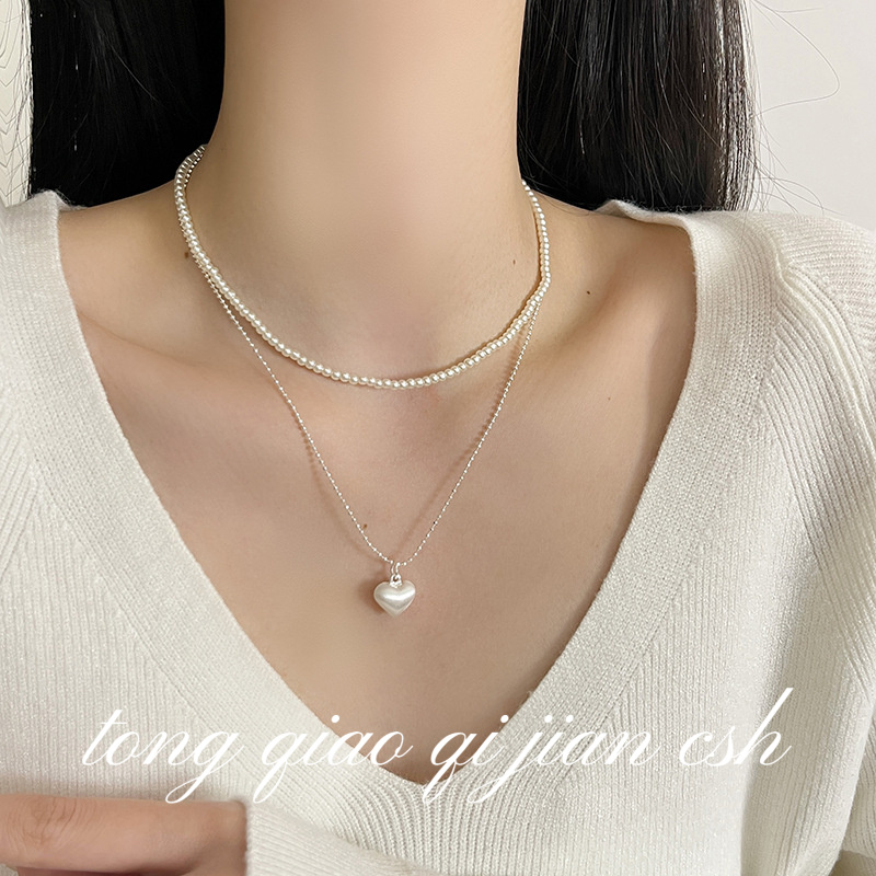 日韩银色拉丝爱心设计感项链仙女