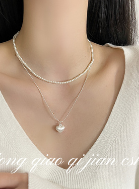 日韩银色拉丝爱心设计感项链仙女