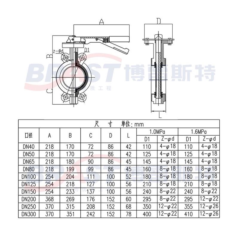 H手柄对夹蝶阀D71X-10/16Q 球墨体 304/QT450板 乙丙阀座