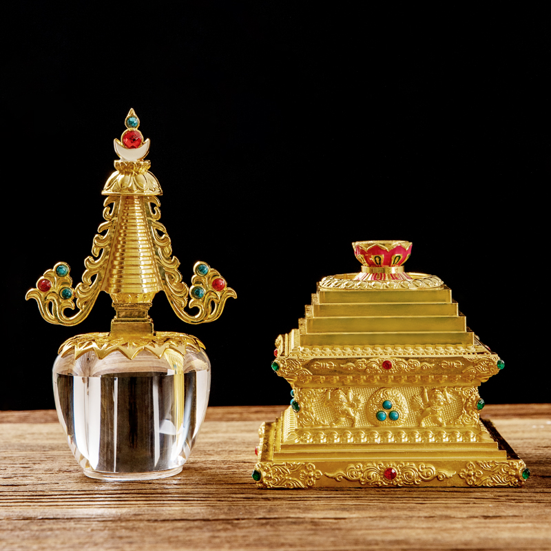 水晶舍利菩提塔家用佛堂供养装藏舍利子嘎乌瓶雕花金刚杵佛塔摆件