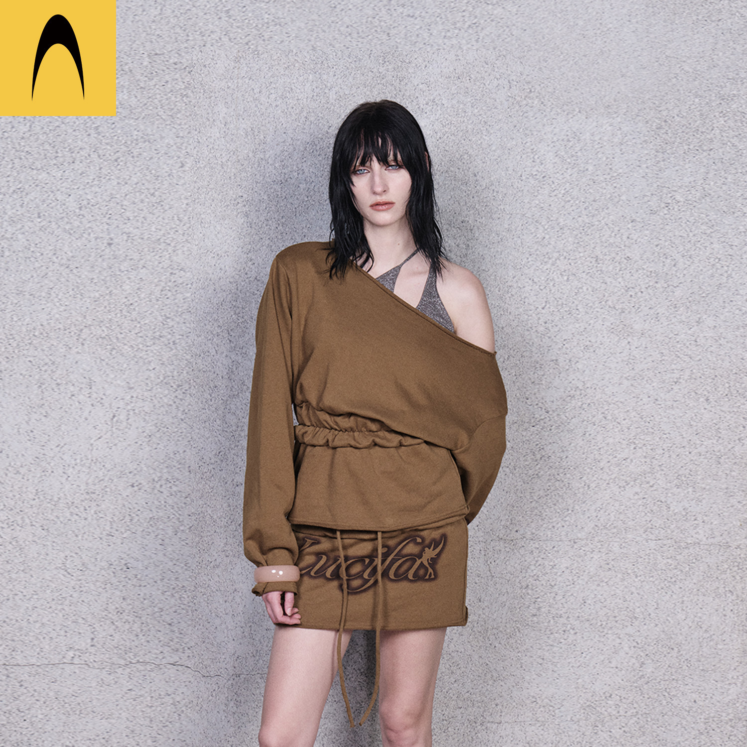 Anomalies Department一字肩收腰长袖卫衣斜肩上衣女装新品26秋