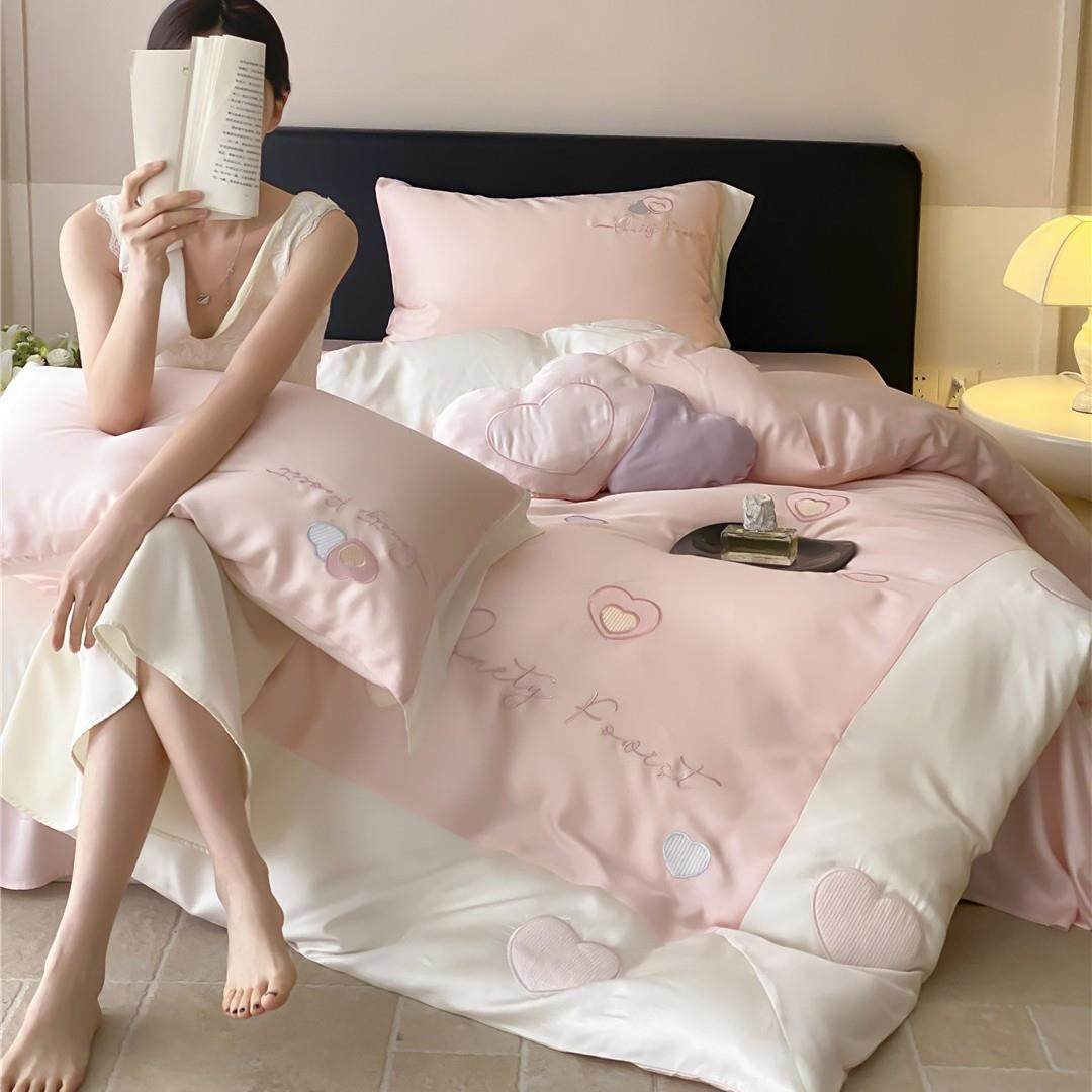 少女心爱心刺绣天丝四件套 夏季用丝滑凉感透气裸睡级床品
