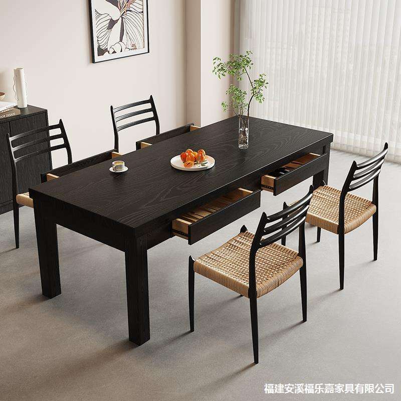 诧寂碳化黑色实木餐桌白蜡木带抽屉储物长桌家用吃饭桌餐书桌一体