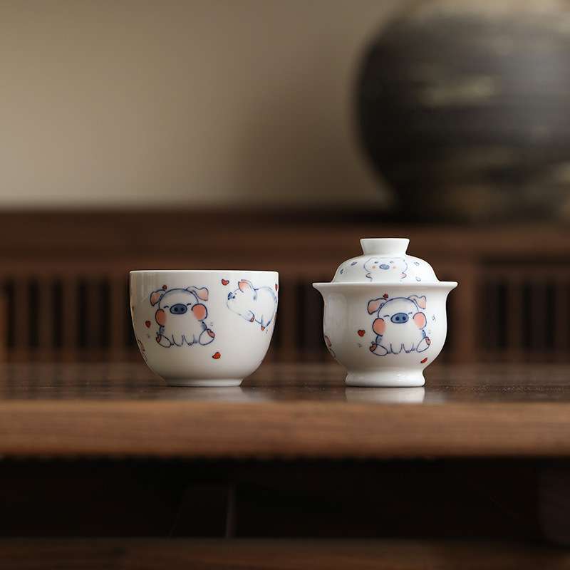 舒岚萌猪猪办公室盖碗茶杯快客旅行茶具一人饮懒人泡茶神器专用